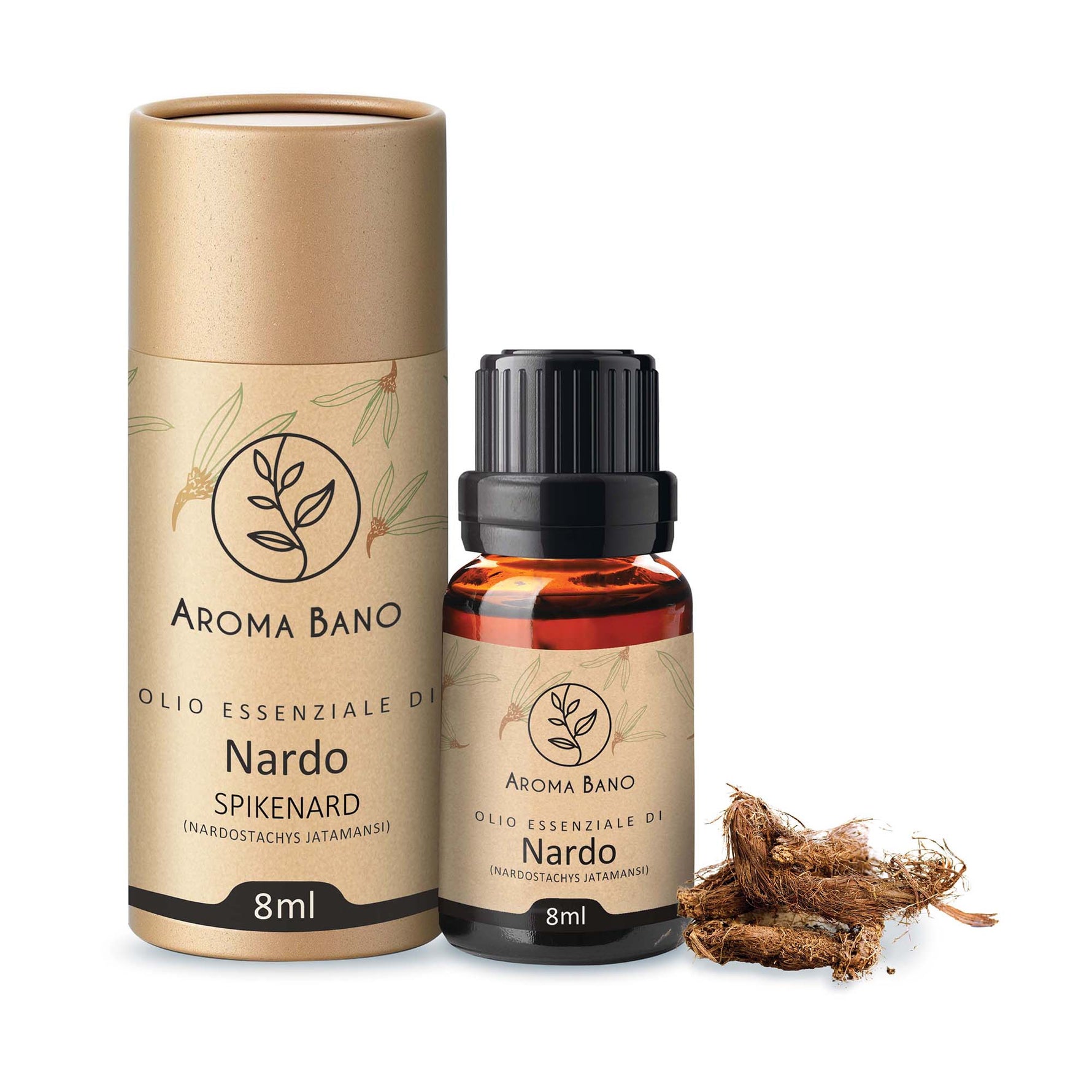 Confezione e bottiglia da 8 ml di olio essenziale di Nardo Aroma Bano con radici di nardo