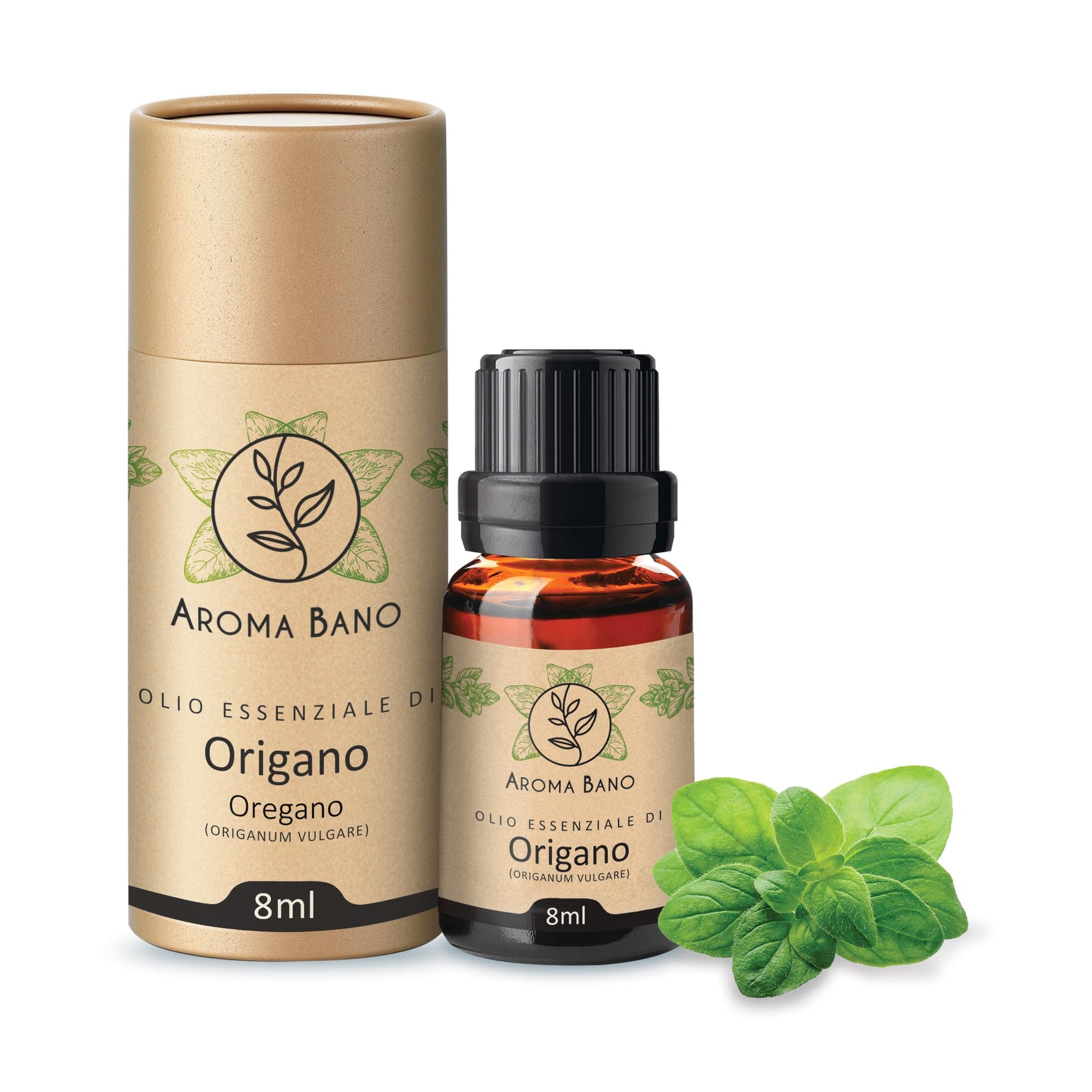 Olio essenziale di origano Aroma Bano 8ml con flacone e confezione cilindrica su sfondo bianco