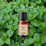 Flacone di olio essenziale di origano Aroma Bano 8ml su foglie fresche di origano