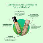 Benefici dell’olio essenziale di patchouli Aroma Bano roll-on con illustrazione di bottiglia e confezione e proprietà naturali