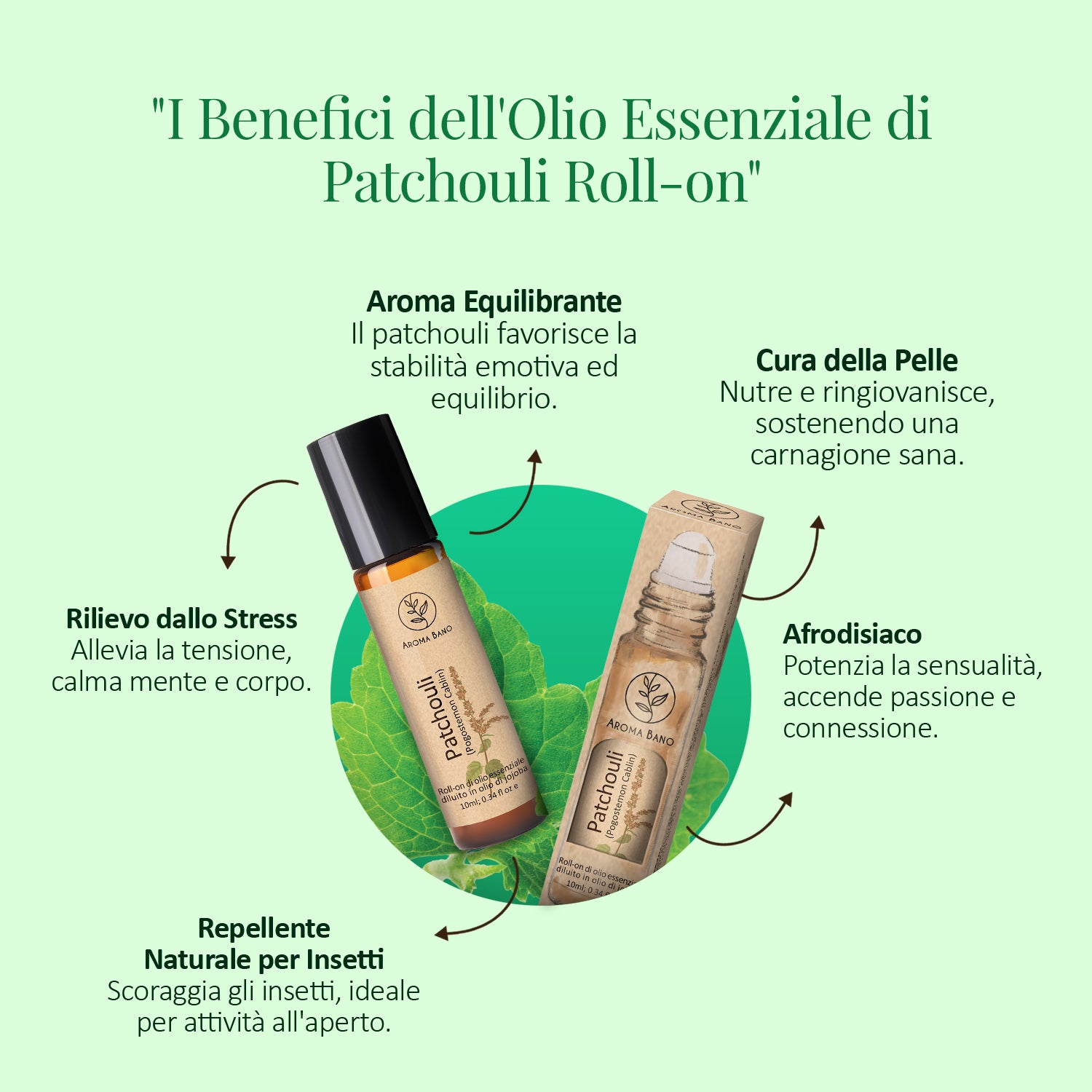 Benefici dell’olio essenziale di patchouli Aroma Bano roll-on con illustrazione di bottiglia e confezione e proprietà naturali