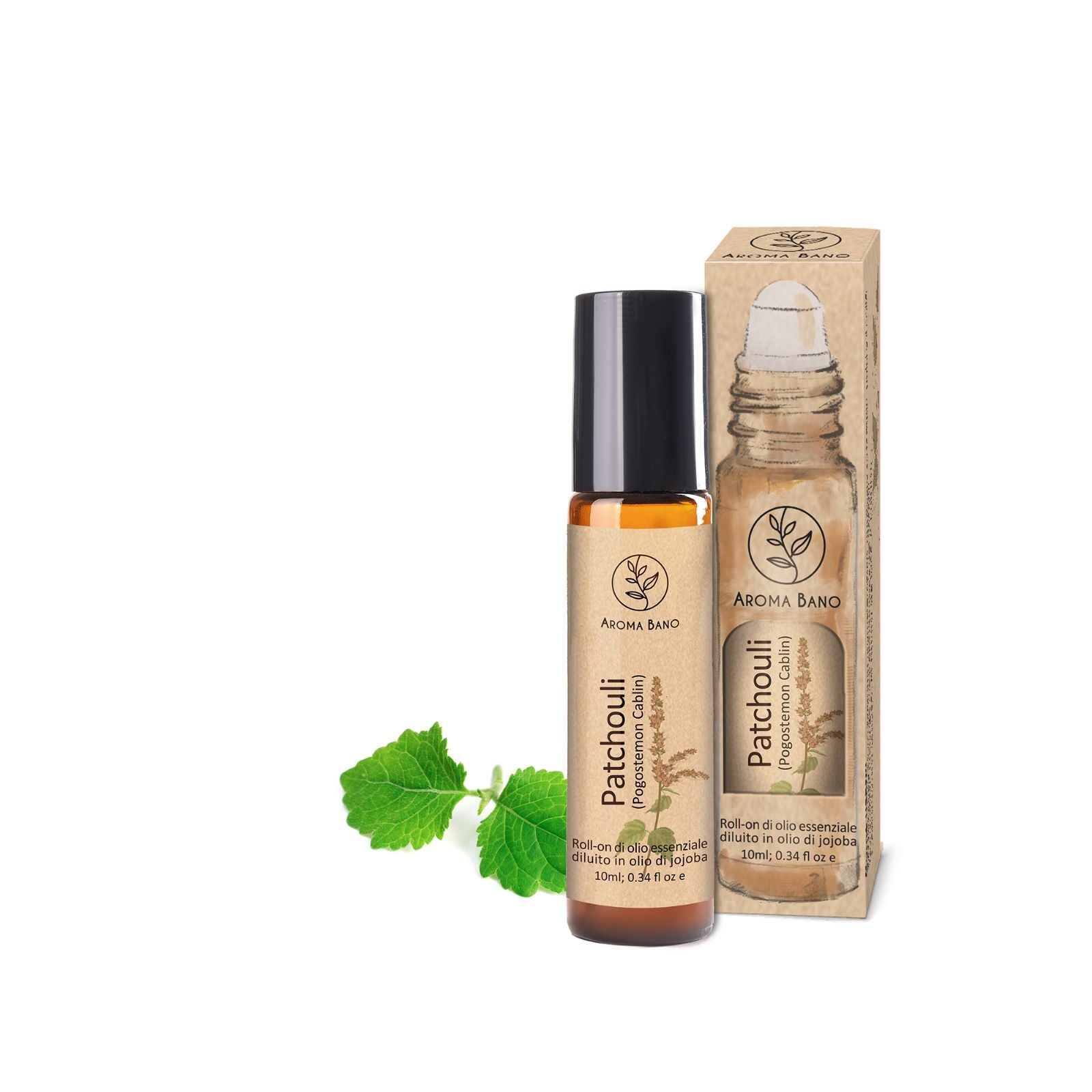 Olio essenziale di patchouli Aroma Bano roll-on con confezione e bottiglia da 10 ml accanto a foglie di patchouli