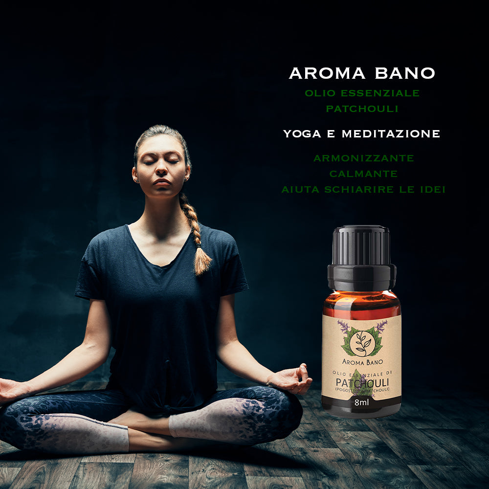 Olio essenziale di Patchouli Aroma Bano utilizzato durante yoga e meditazione per creare un’atmosfera armoniosa e rilassante