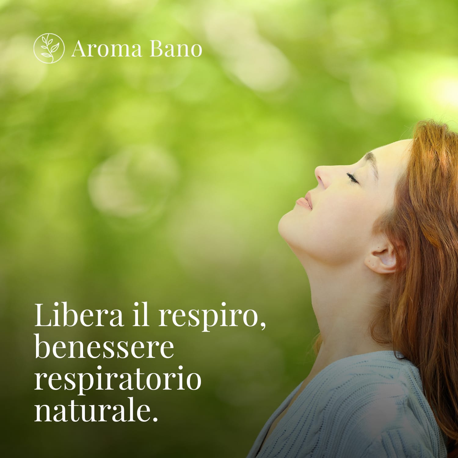 Donna che respira profondamente in ambiente naturale associato all’olio essenziale di Ravintsara Aroma Bano per il benessere respiratorio