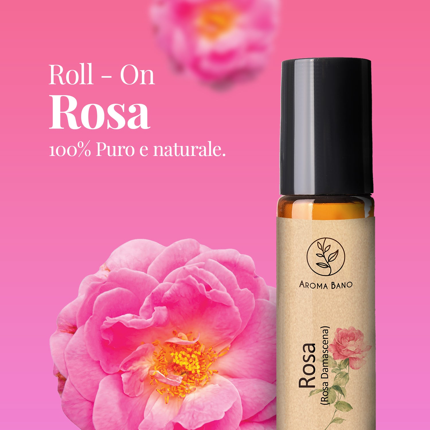 Olio essenziale di rosa damascena Aroma Bano in roll on con fiore di rosa su sfondo rosa