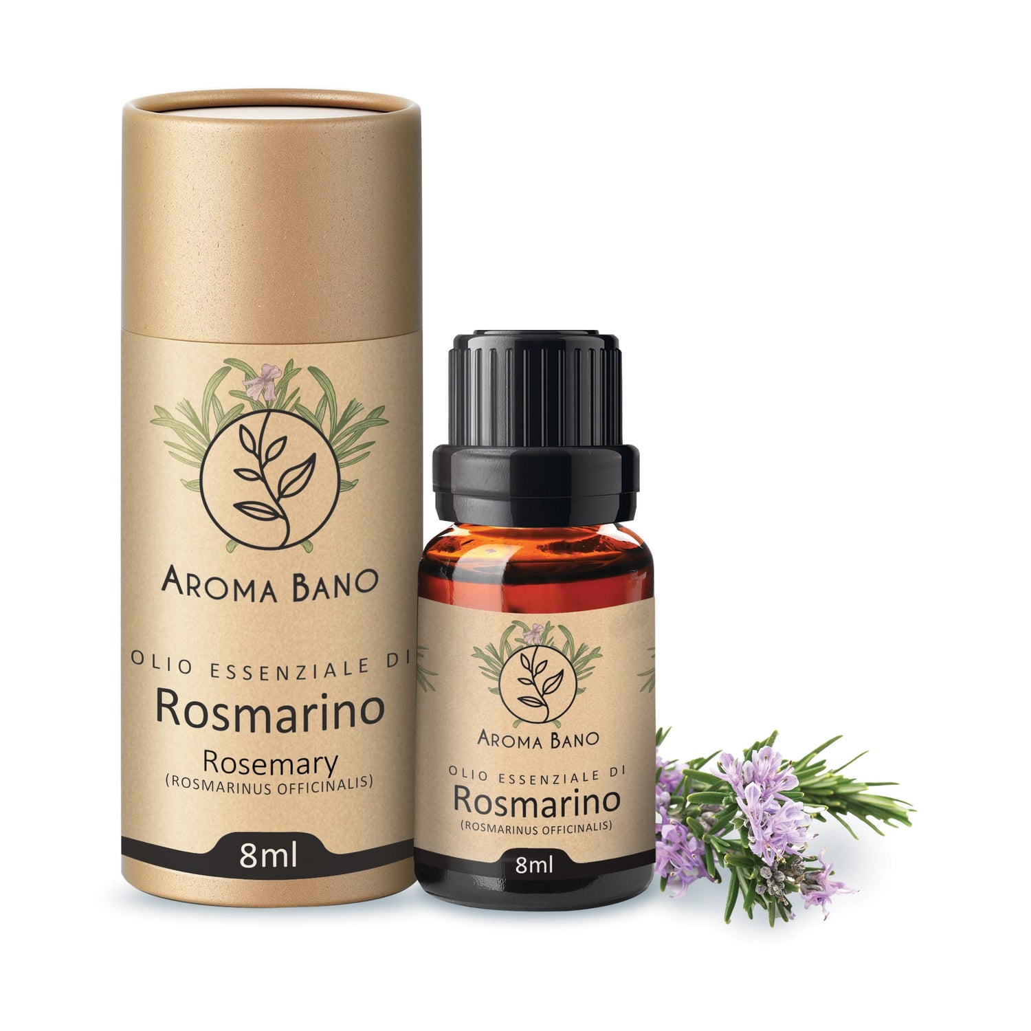  Confezione cilindrica e bottiglia da 8 ml di olio essenziale di Rosmarino Aroma Bano con rametti fioriti di rosmarino