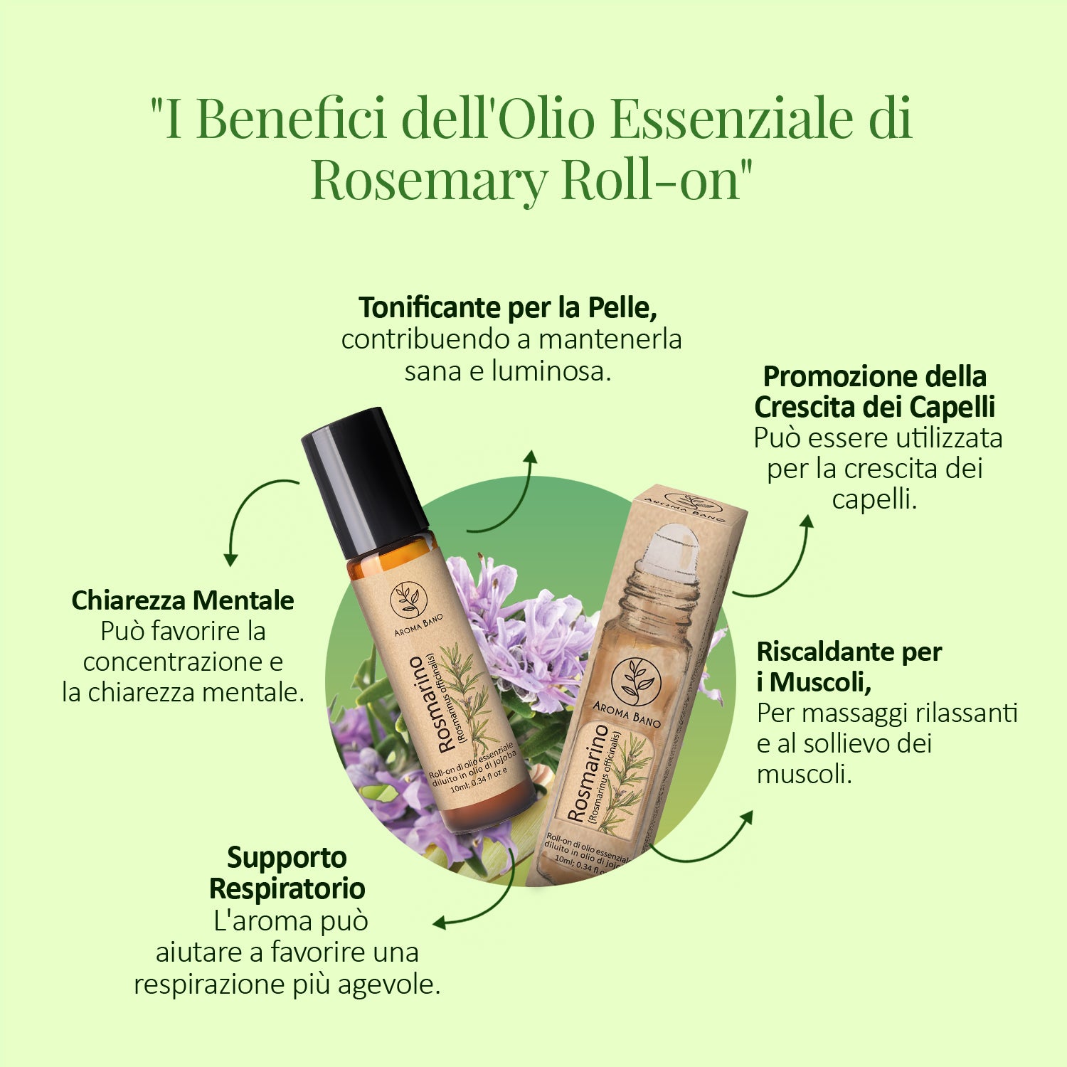 Benefici dell’olio essenziale di rosmarino Aroma Bano roll-on con effetti tonificanti, respiratori e rilassanti