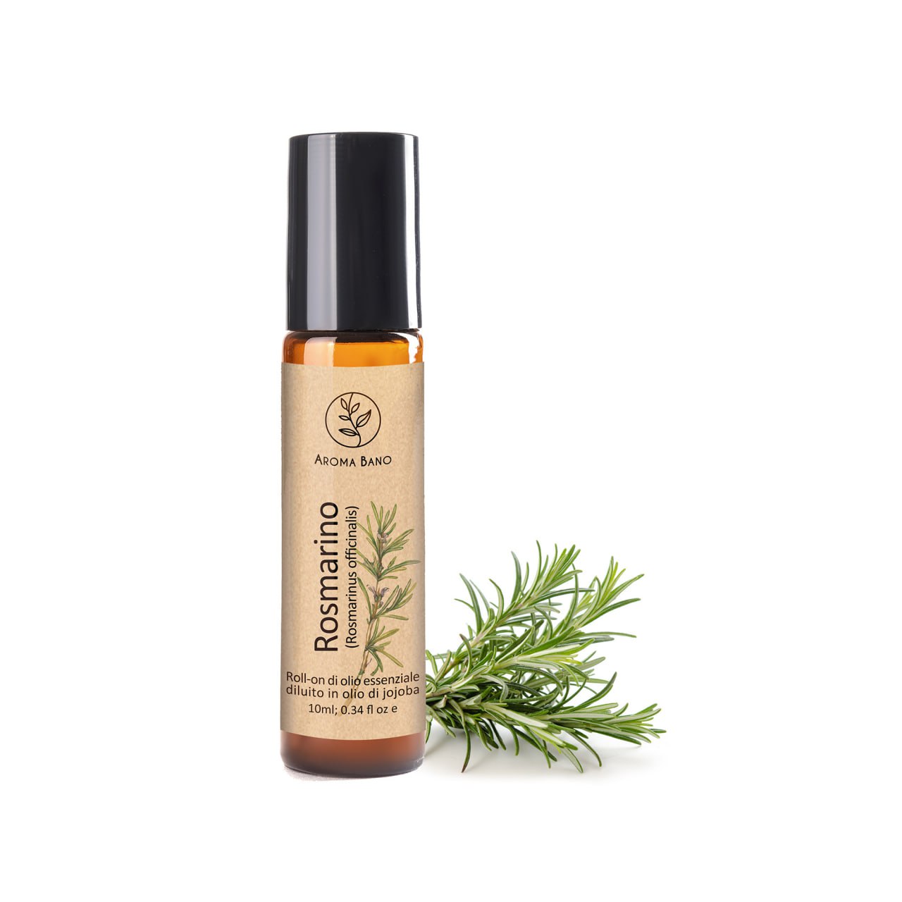 Olio essenziale di rosmarino Aroma Bano roll-on in bottiglia con rametti freschi di rosmarino
