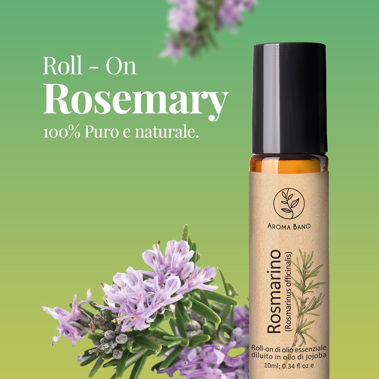 Olio essenziale di rosmarino Aroma Bano roll-on 100% puro e naturale con fiori e pianta di rosmarino