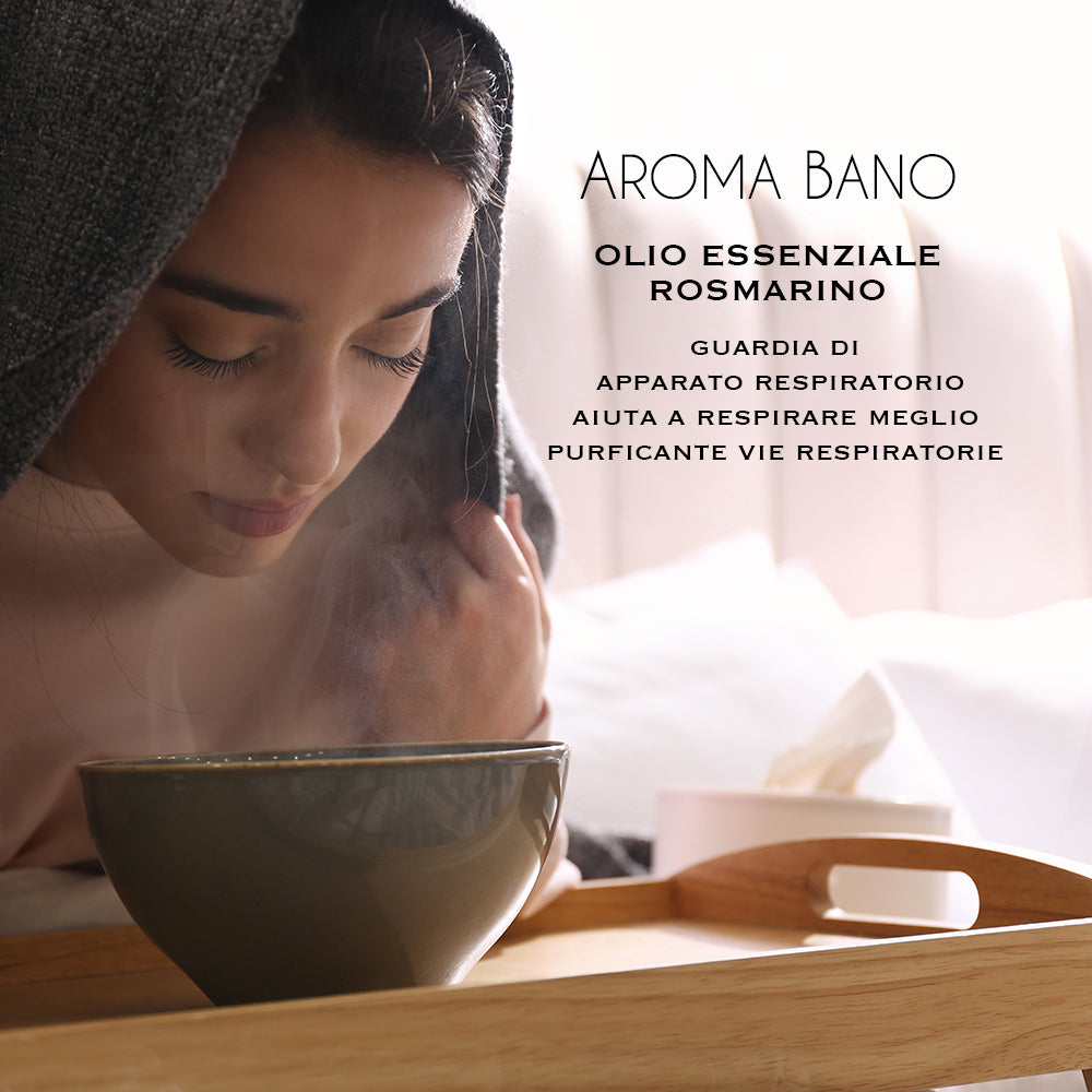 Olio essenziale di Rosmarino Aroma Bano utilizzato per suffumigi a supporto della respirazione e purificazione delle vie respiratorie