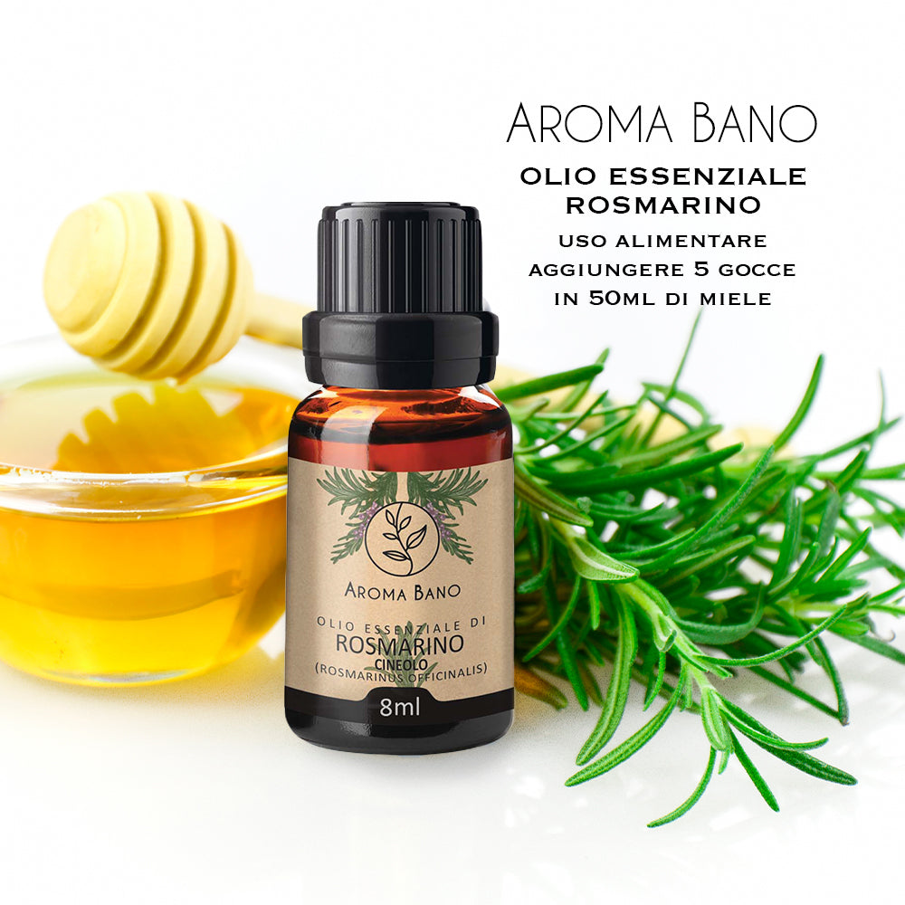 Olio essenziale di Rosmarino Aroma Bano per uso alimentare accanto a miele e rametti freschi di rosmarino