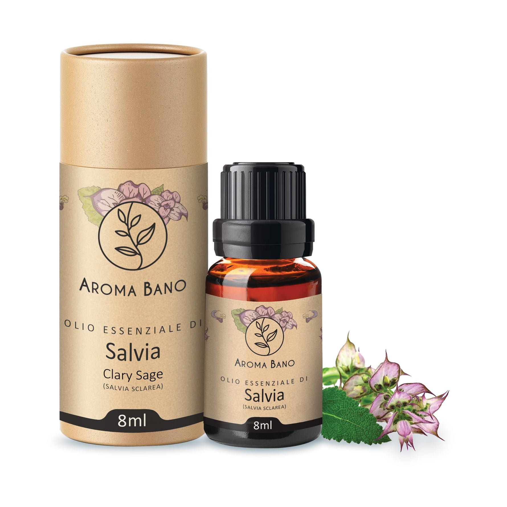 Confezione e bottiglia da 8 ml di olio essenziale di salvia sclarea Aroma Bano affiancate a rametti della pianta di salvia