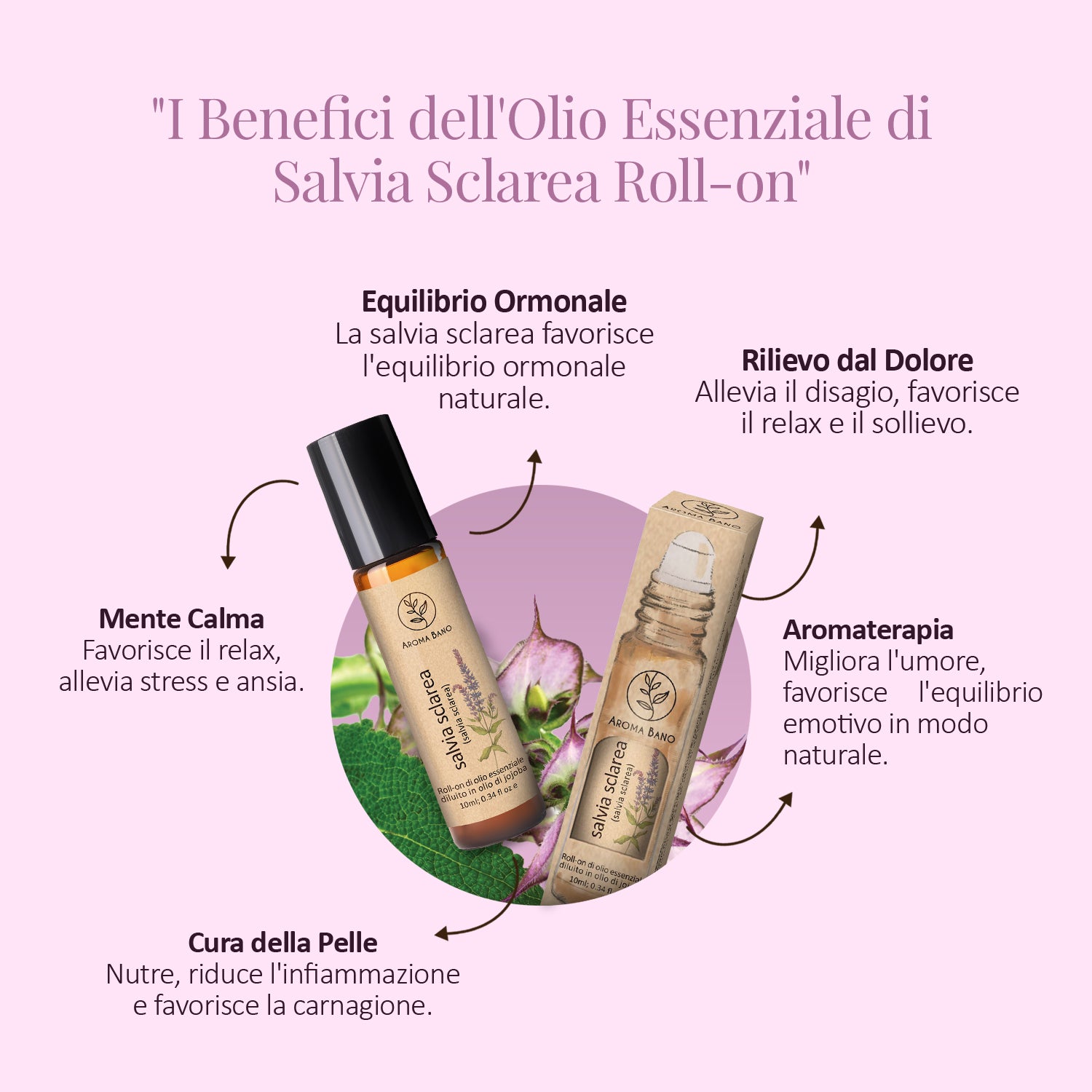 Benefici dell’olio essenziale di salvia sclarea Aroma Bano roll on per relax equilibrio ormonale e benessere della pelle