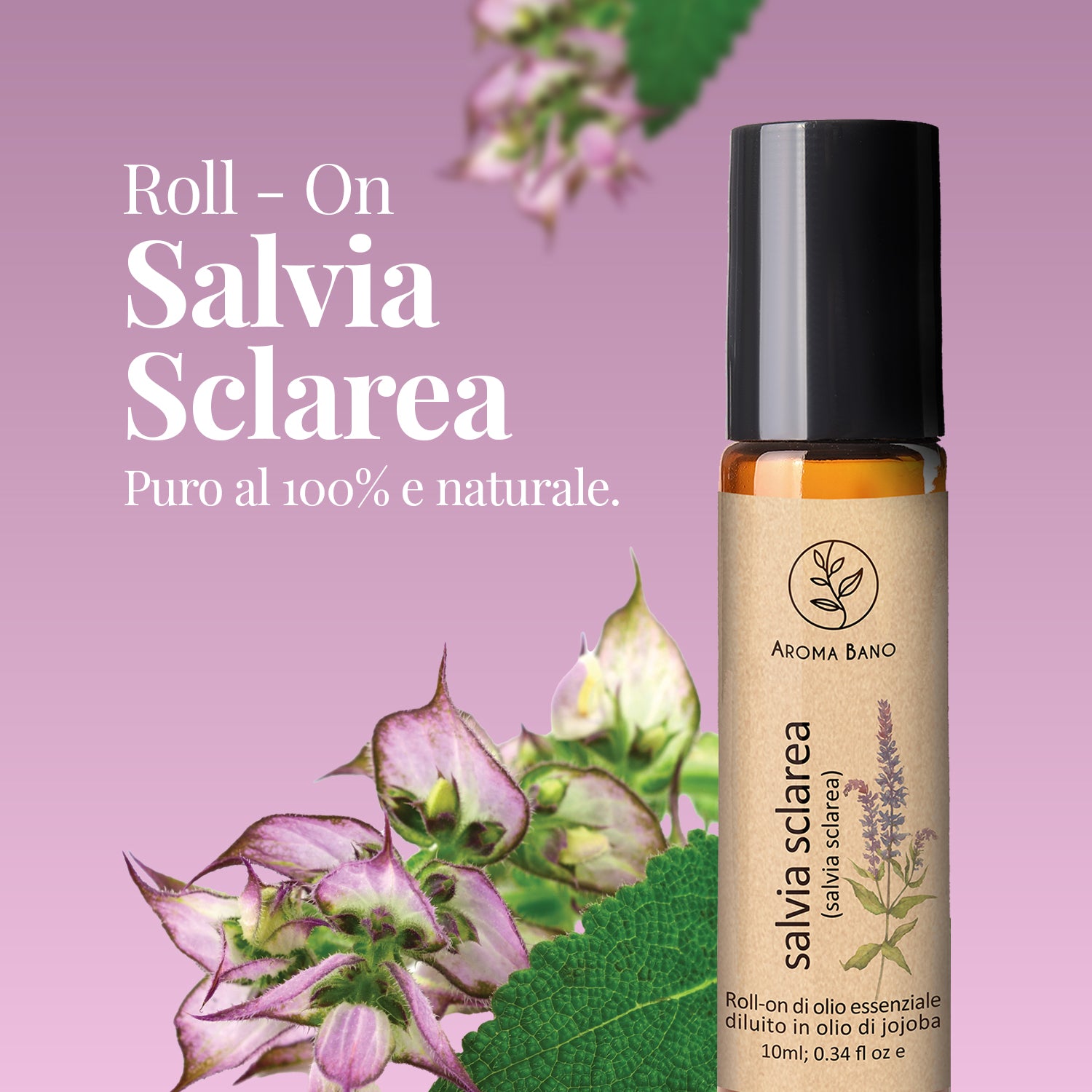 Olio essenziale di salvia sclarea Aroma Bano roll on in bottiglia su sfondo viola con fiore di salvia