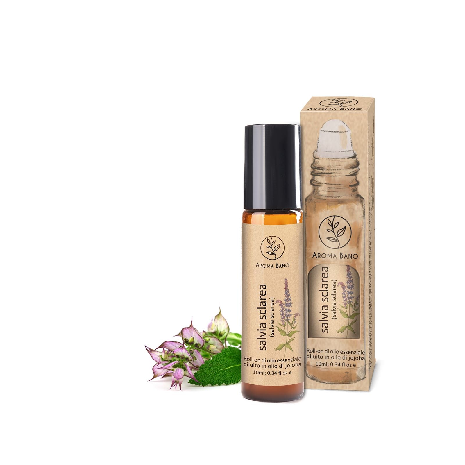 Olio essenziale di salvia sclarea Aroma Bano roll on con confezione e bottiglia da 10 ml con pianta di salvia