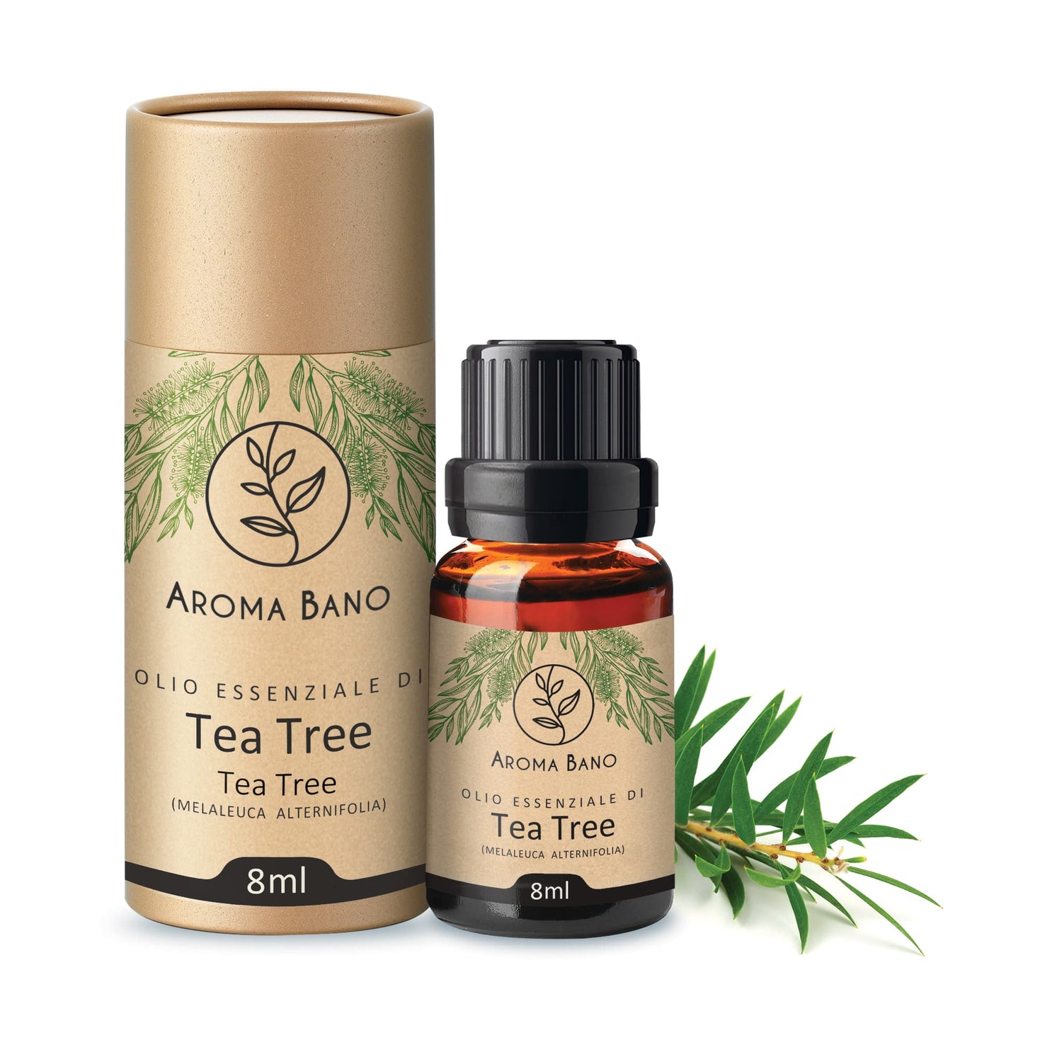 Olio essenziale di Tea Tree Aroma Bano 8ml con flacone e confezione su sfondo bianco