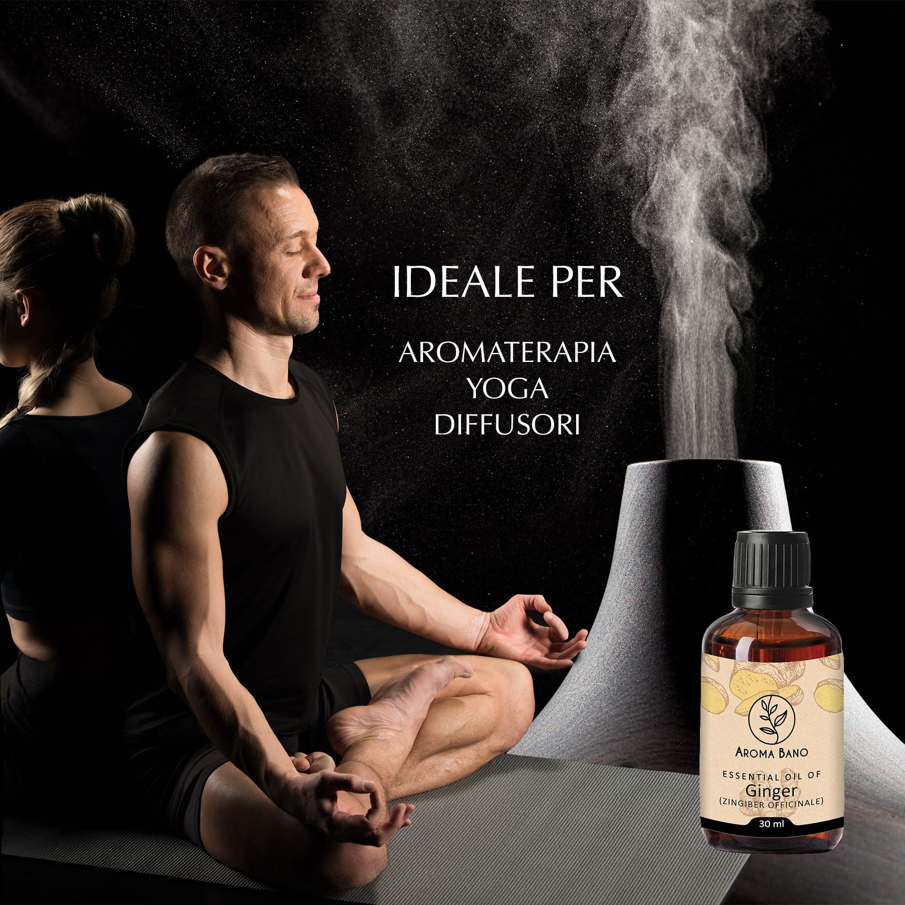 Olio essenziale di Zenzero Aroma Bano utilizzato in aromaterapia con diffusore durante una sessione di yoga