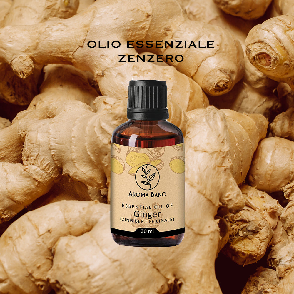 Olio essenziale di Zenzero Aroma Bano in bottiglia su sfondo di radici fresche di zenzero