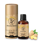 Confezione e bottiglia da 30 ml di olio essenziale di Zenzero Aroma Bano con radice di zenzero