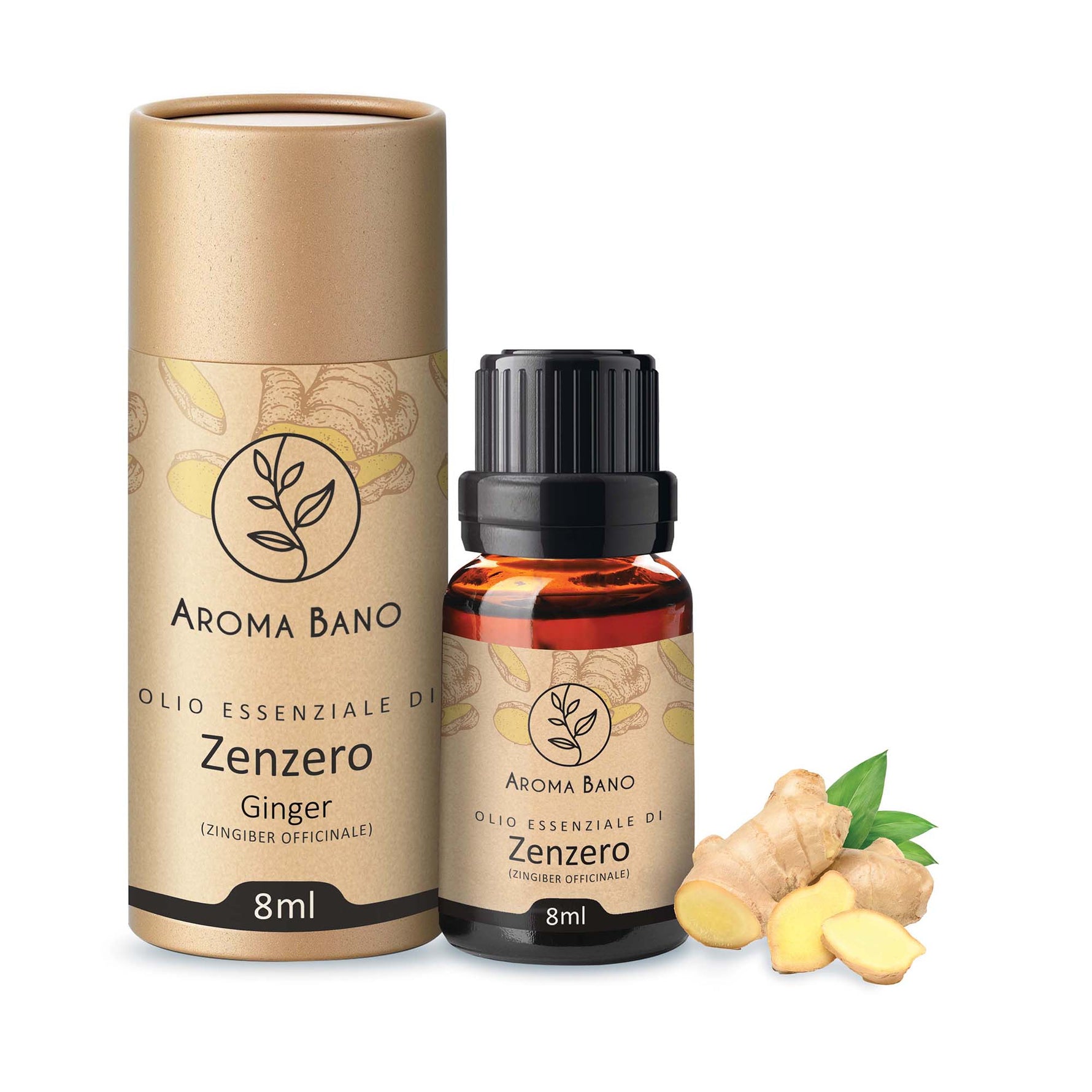 Confezione e bottiglia da 8 ml di olio essenziale di Zenzero Aroma Bano con radice di zenzero