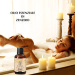 Olio essenziale di Zenzero Aroma Bano utilizzato durante un bagno caldo rilassante con candele accese