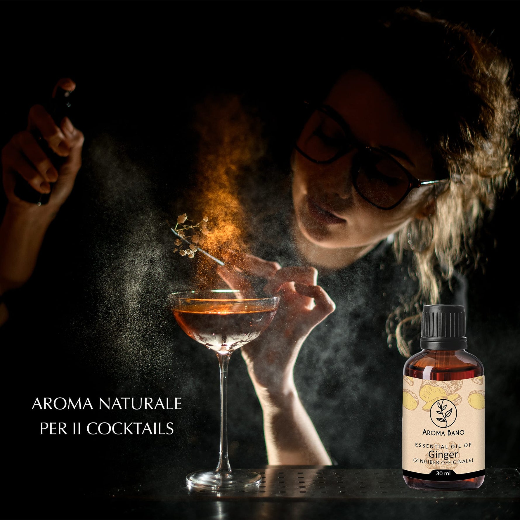 Olio essenziale di Zenzero Aroma Bano utilizzato per aromatizzare cocktail al bar con tecnica di miscelazione