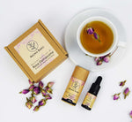 Olio Rosa Damascena Aroma Bano con boccioli essiccati e tisana floreale