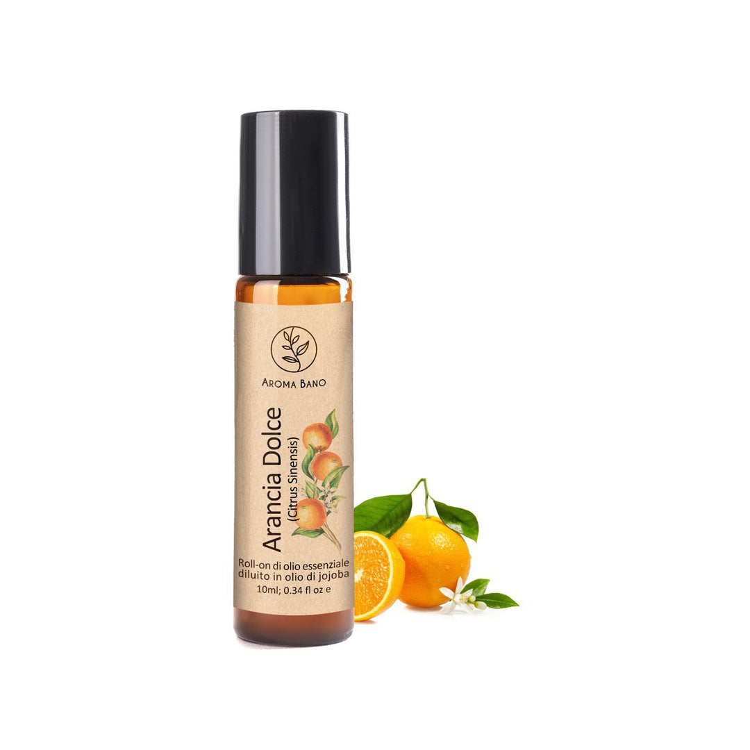 Roll-on all’arancia dolce Aromabano in bottiglia da 10 ml con agrumi freschi per buon umore e benessere quotidiano