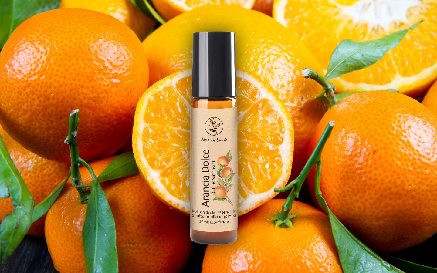 Roll-on olio essenziale di Arancia Dolce diluito in olio di jojoba con arance fresche