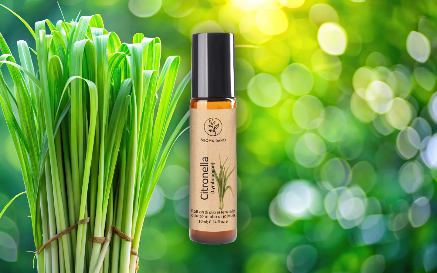 Roll-on olio essenziale di Citronella diluito in olio di jojoba con foglie di Cymbopogon winterianus