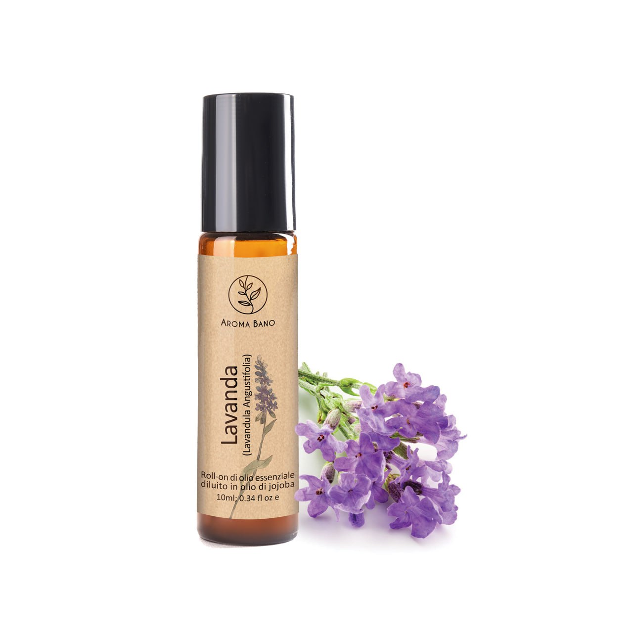 Roll-on di lavanda Aroma Bano in flacone con fiori di lavanda su sfondo bianco