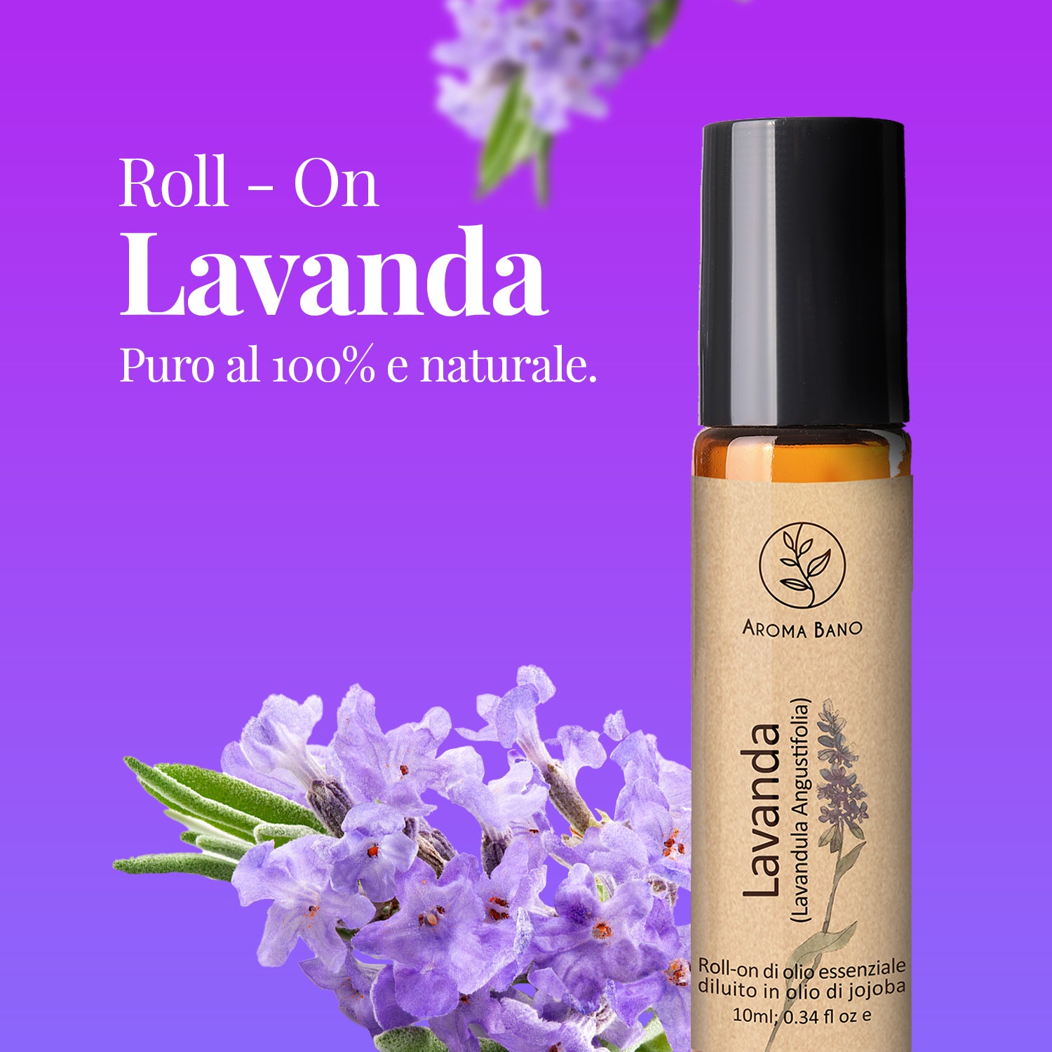 Roll-on di lavanda Aroma Bano con fiori su sfondo viola per presentazione prodotto