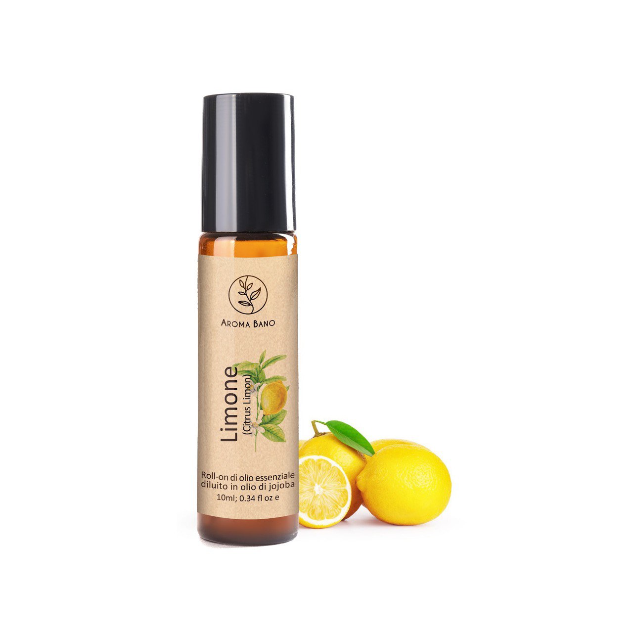 Roll-on al limone Aromabano in bottiglia da 10 ml per energia e concentrazione quotidiana