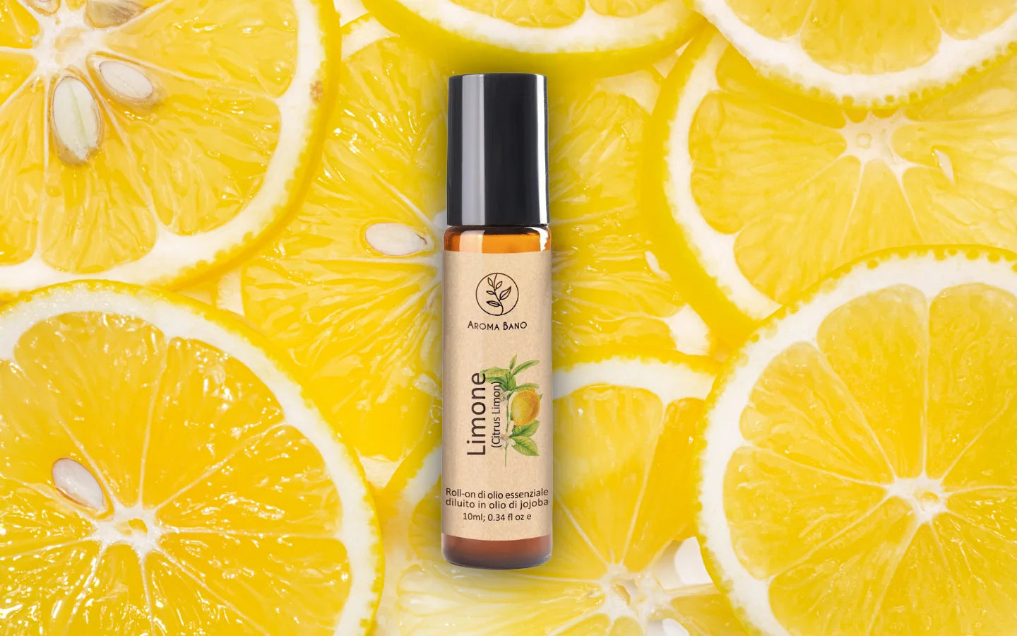 Roll-on olio essenziale di Limone diluito in olio di jojoba con fette di limone fresco