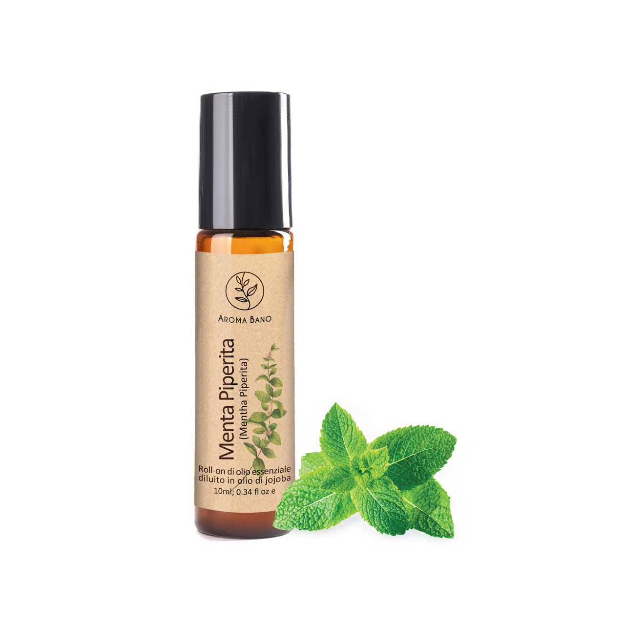 Roll-on di Menta Piperita Aroma Bano in bottiglia da 10 ml con foglie di menta fresca