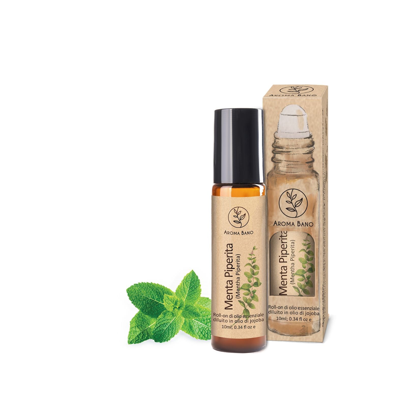 Roll-on di Menta Piperita Aroma Bano con confezione e bottiglia da 10 ml pronto all’uso