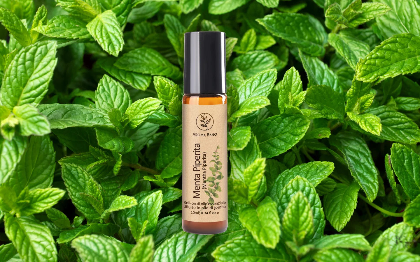 Roll-on olio essenziale di Menta Piperita diluito in olio di jojoba con foglie di menta fresca