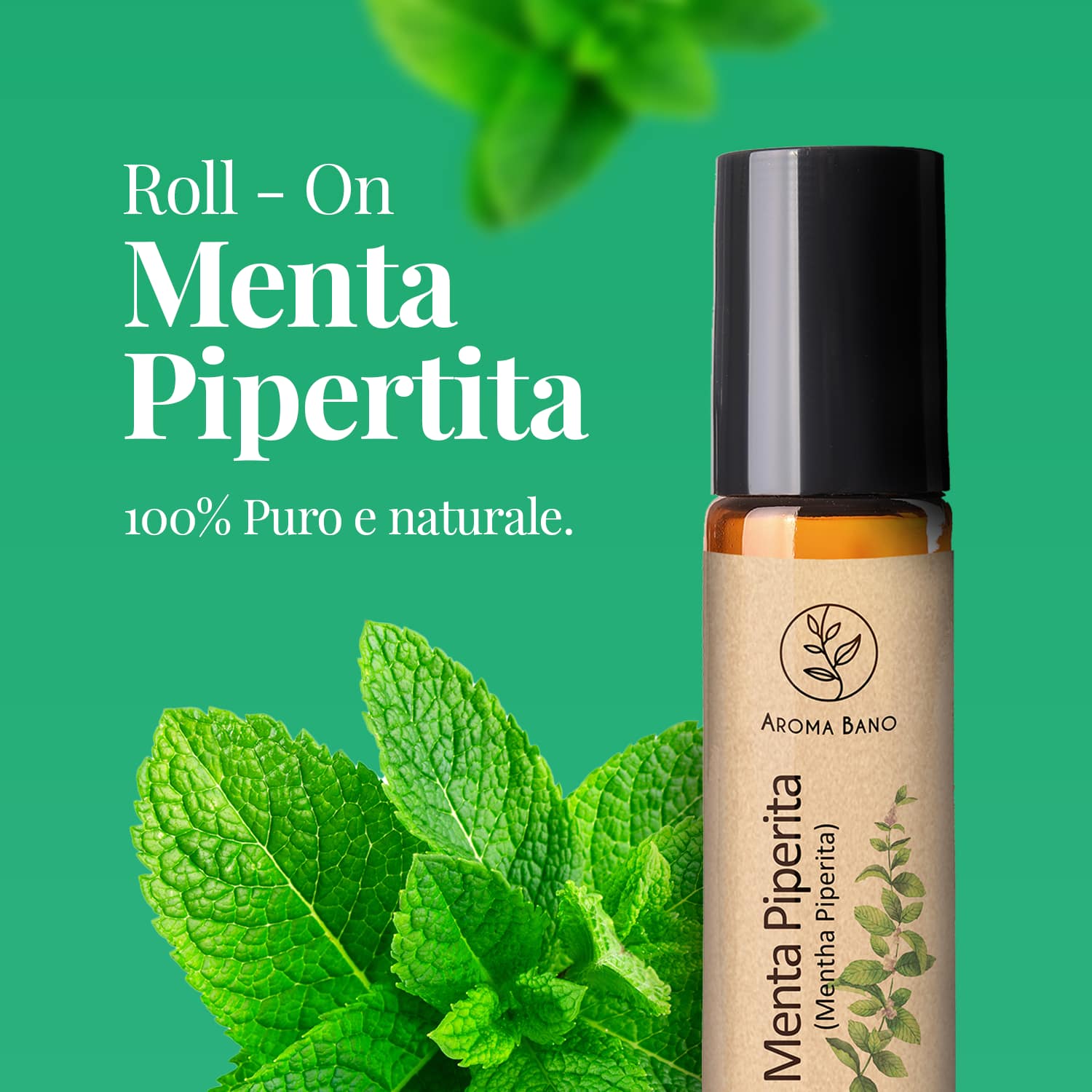 Roll-on di Menta Piperita Aroma Bano in bottiglia con foglie di menta su sfondo verde naturale