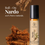 Roll-on di olio essenziale di Nardo Aroma Bano in bottiglia con radice naturale su sfondo marrone