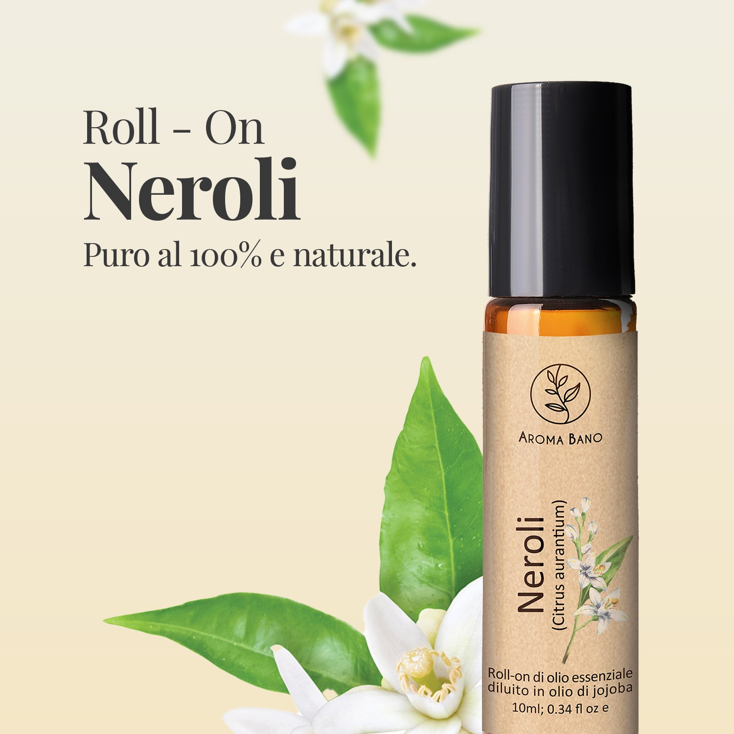 Roll-on al neroli Aromabano con fiore di arancio su sfondo naturale