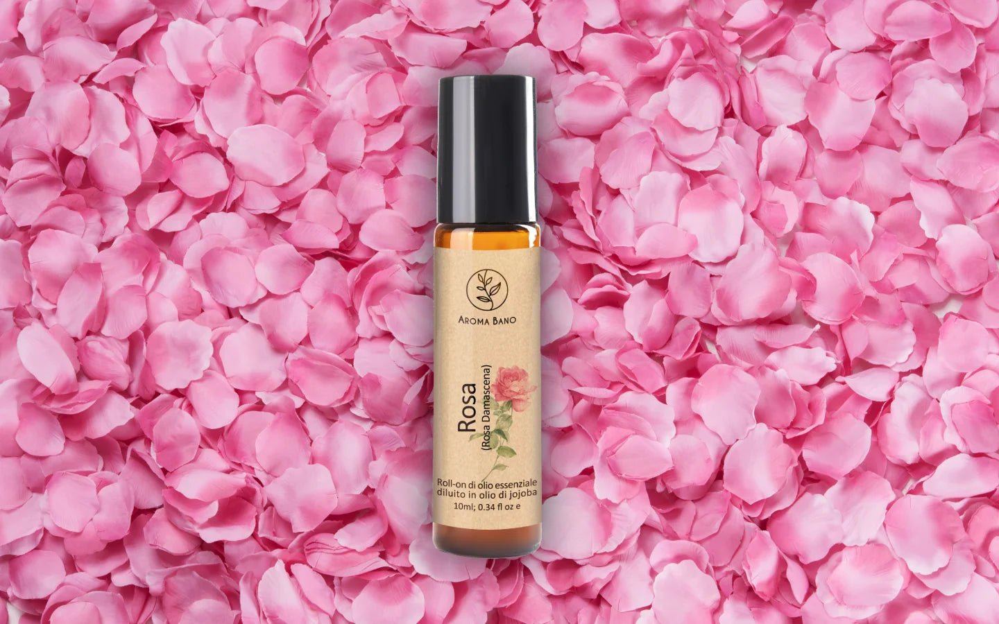 Roll-on olio essenziale di Rosa Damascena diluito in olio di jojoba con petali di rosa rosa
