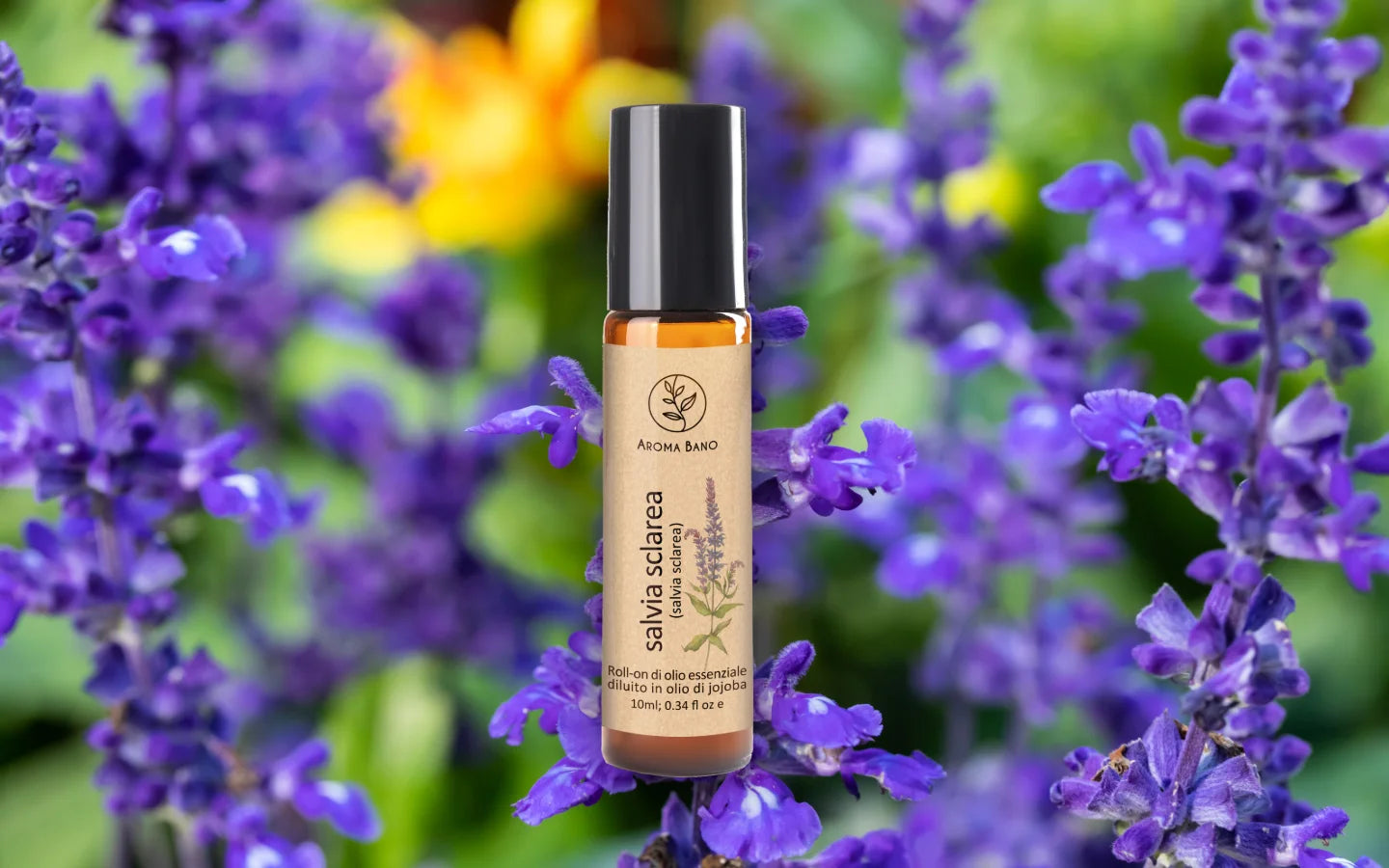 Roll-on olio essenziale di Salvia Sclarea diluito in olio di jojoba con fiori di Salvia sclarea