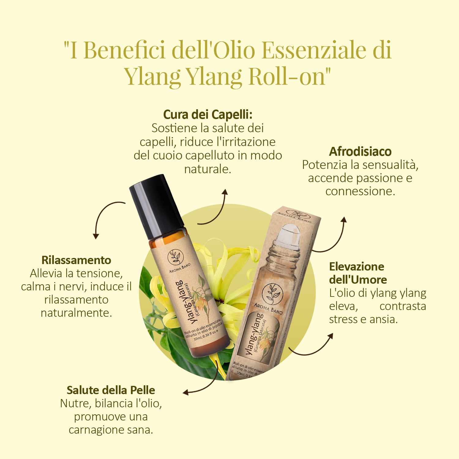 enefici del roll-on di olio essenziale di ylang ylang Aroma Bano per rilassamento, equilibrio dell’umore e benessere della pelle