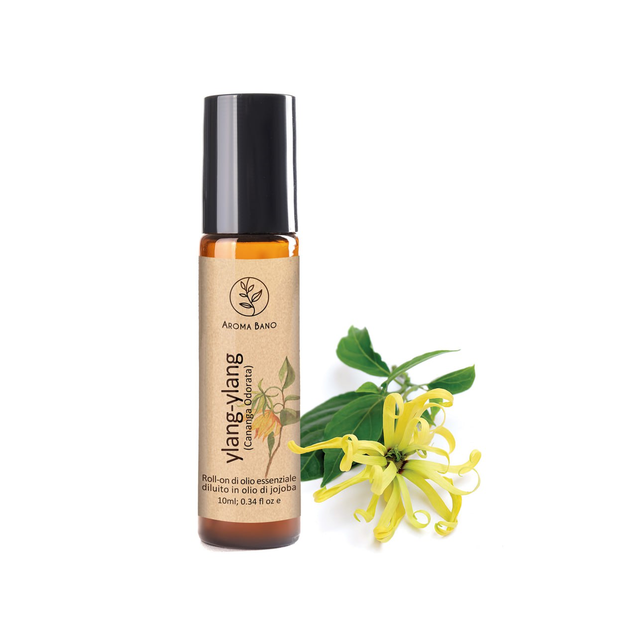 Roll-on di olio essenziale di ylang ylang Aroma Bano in bottiglia da 10 ml con fiore di ylang ylang